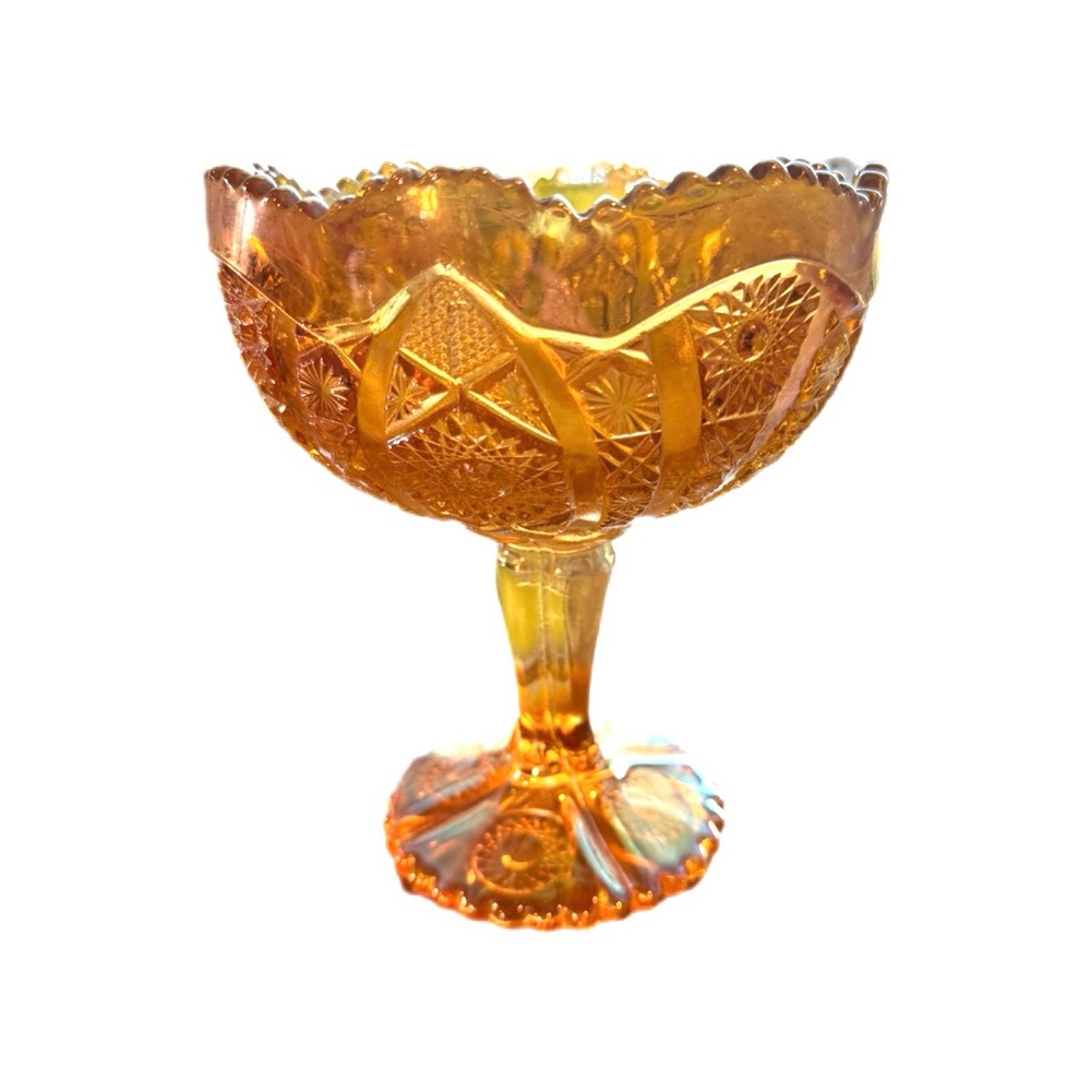 Vintage Fenton Carnival Glass Compote in Amber 8.25” Tall